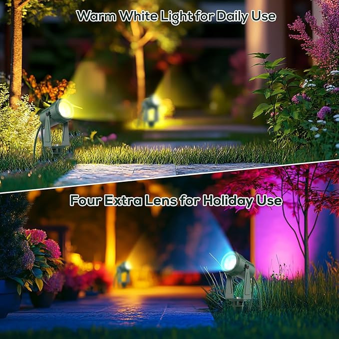 SUNTHIN Outdoor Landscape Lighting, 8 Pack Outdoor Spot Lights with 8 Colorful Lens and Power Supply, Green Shell, IP65 Waterproof & Connectable