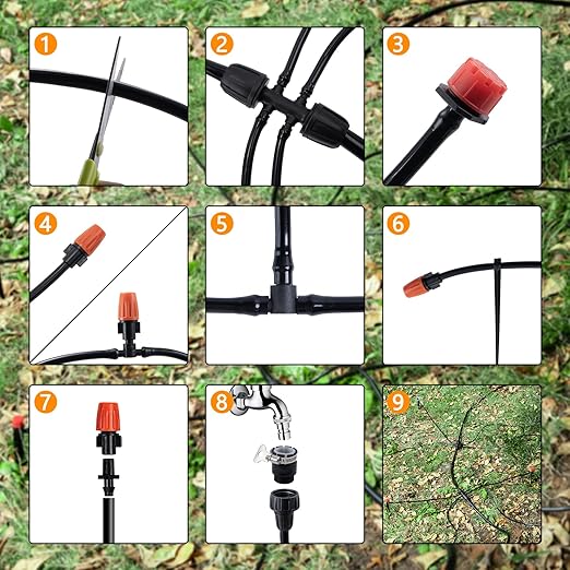 Drip Irrigation System Kit - 132FT/40M + 33FT/10M Hose, DIY Automatic Water Saving, Garden Watering System with 4/7mm and 8/11mm Tubing - Ideal for Gardens, Greenhouses, Lawns, and Patios