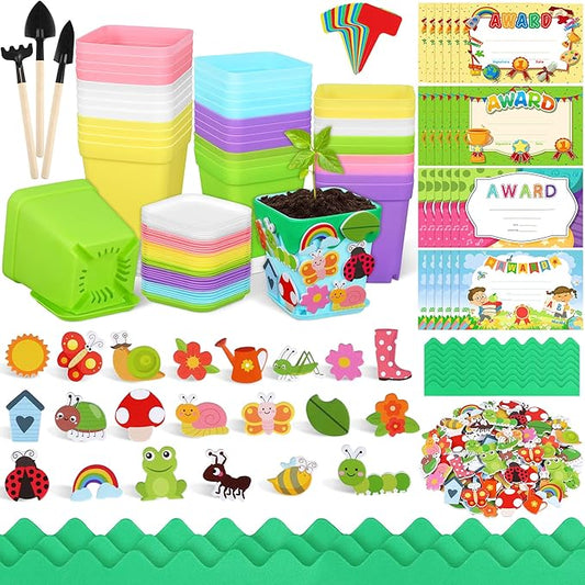 Elcoho 36 Set Garden Plastic Pot Craft Kit Plant Spring Craft Kits for Kids Flower Pots with 150 Foam Stickers 36 Labels 24 Certificate of Awards 3 Tools Planting Growing Kit for Kids, Mixed Colors