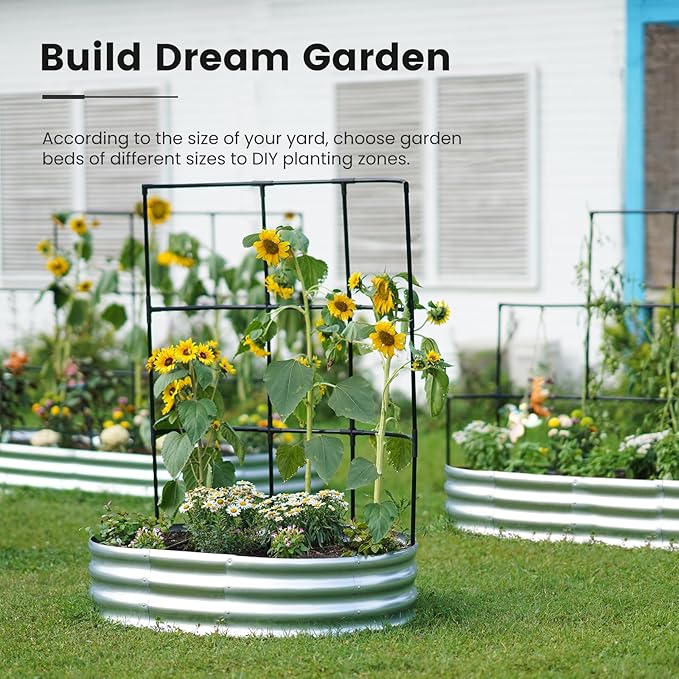 KING BIRD Raised Garden Bed with Wall Trellis Galvanized Planter Garden Box Outdoor for Gardening, Climbing Vegetables, Flowers 5.9x2.95x0.98 Ft, Silver