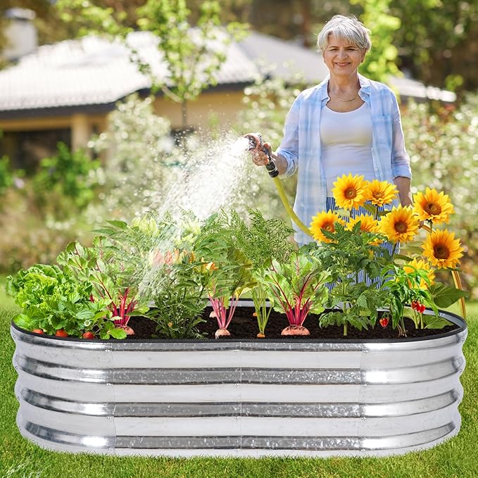 Galvanized Raised Garden Bed Outdoor - 4×2×1ft Planter Raised Beds for Gardening | Oval Metal Garden Planter Box with Safety Edging and Gloves for Vegetables Fruits and Flowers (Silver)