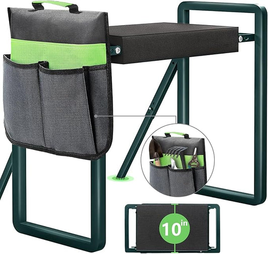 Garden Kneeler and Seat Heavy Duty,Foldable Gardening Stool with Anti-Tipping，10" Thicken & Widen Soft Kneeling Pad,Great Gardening Gifts for Women and Men, Bench Comes with Tool Pouch,Green