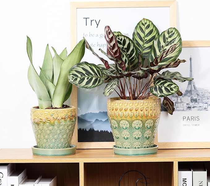 6 Inch + 5 Inch Ceramic Planter Pot with Drainage Holes, Saucers and Mesh Pads for Indoor-Outdoor Plants, Succulent Orchid Flower, Round Plant Pots, Set of 2