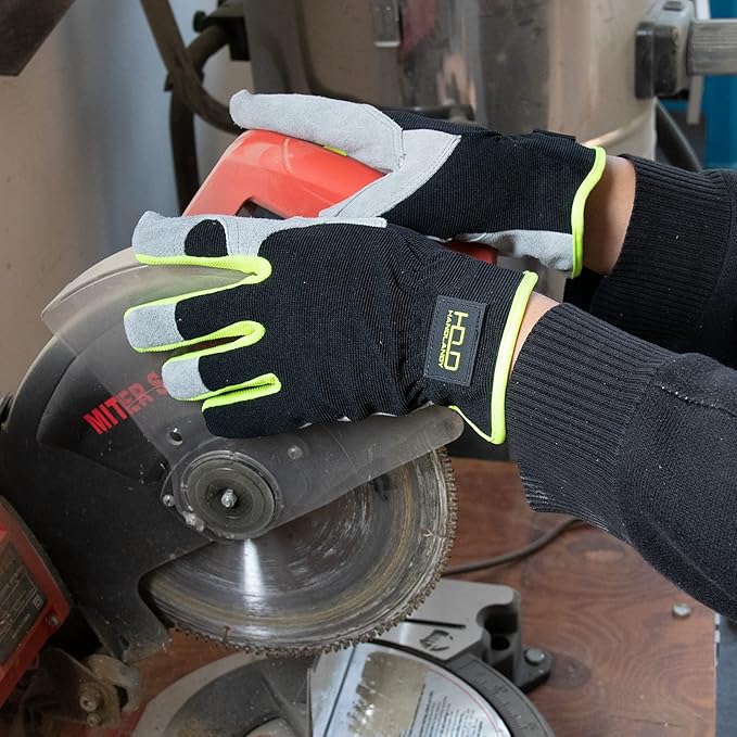 HANDLANDY Men Leather Gardening Gloves, Utility Work Gloves for Mechanics, Construction, Driver, Dexterity Breathable Design