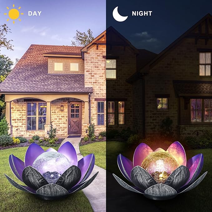 WNP Solar Powered Outdoor Decorative Lights Waterproof Lotus Flower with Crackle Glass Globe and Metal Base for Garden Patio Pathway Yard Tabletop Decor,Birthday Gift for Mom Sister Grandma