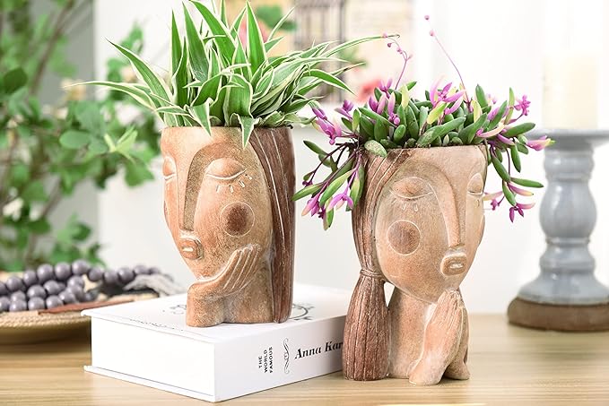 Head Planters for Indoor Plants, Face Flower Pot Head Planter Succulent Planters Unique Face Planter with Drainage Hole - Rustic Thinking Girl Closed Eyes