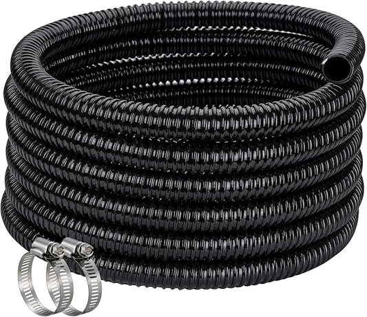 Pond Hose ID 1/2” × 50ft Black Corrugated Flexible Reinforced PVC Hose Vinyl Tubing for Pond Pump Fountain Garden Waterfall, Non-toxic & Kinkproof, with 2 clamps
