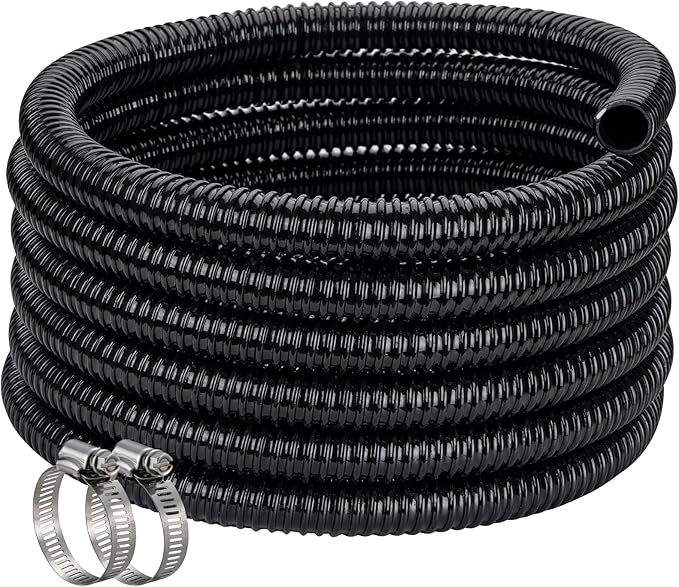 Pond Hose ID 2” × 25ft Black Corrugated Flexible Reinforced PVC Hose Vinyl Tubing for Pond Pump Fountain Garden Waterfall, Non-toxic & Kinkproof, with 2 clamps