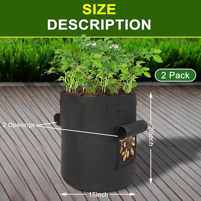 2-Pack 15-Gallon Grow Bags with 2 Flaps and Reinforced Handles,Non-Woven Potato Grow Bags, Heavy-Duty Thickened Aeration Fabric Pots for Potatoes, Tomatoes, Flowers, and Vegetables