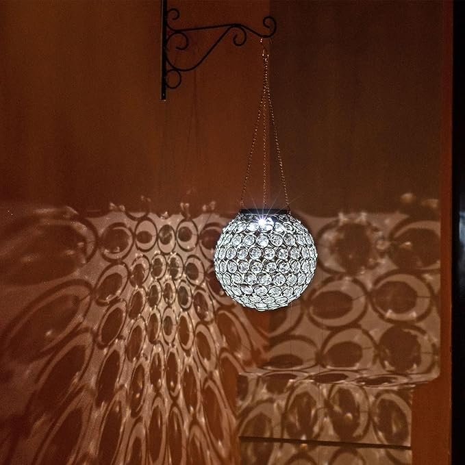 Solar Lantern Hanging Outdoor Christmas Decorative, Dual LEDs Dia 7.5‘’ Color Changing and Cool White Crystal Globe Hanging Lights Waterproof with S Hooks Decor in Garden, Pathway, Front Door-Clear