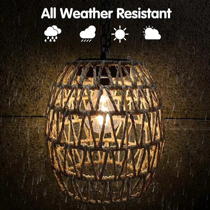 6 Hours Timer Battery Operated Outdoor Hanging Light Seagrass Woven Waterproof Porch Gazebo Patio Pendant Lantern Chandelier Lighting Decorative Hollow-Out Auto On/Off Warm White Bulb