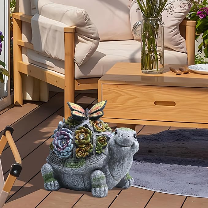 Garden Turtle Statue, Solar Outdoor Decor Tortoise with Succulent, Waterproof Animal Ornaments for Patio Clearance Balcony Court, Great Easter Gift Birthday for Mom Women