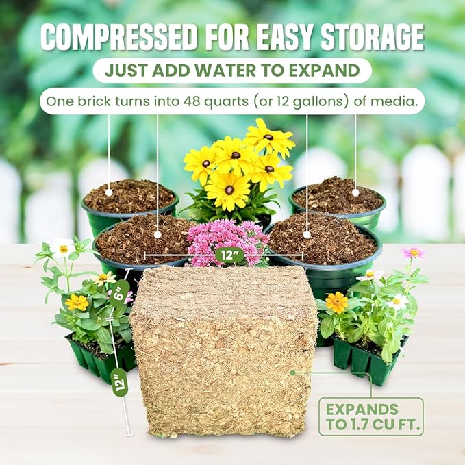 Coco Coir and Chips, Compressed Brick - Approx 9 LB (1.7 cu ft) - for Container Garden and Potting Mix, Coconut Coir with Chunky Chips for Aeration and Stability