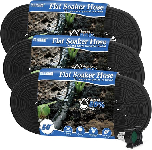 Flat Soaker Hose 50FT*3 Heavy Duty Double Layer Design Save 80% Water for Garden Lawn and Flower Bed Drip Irrigation (150FT)