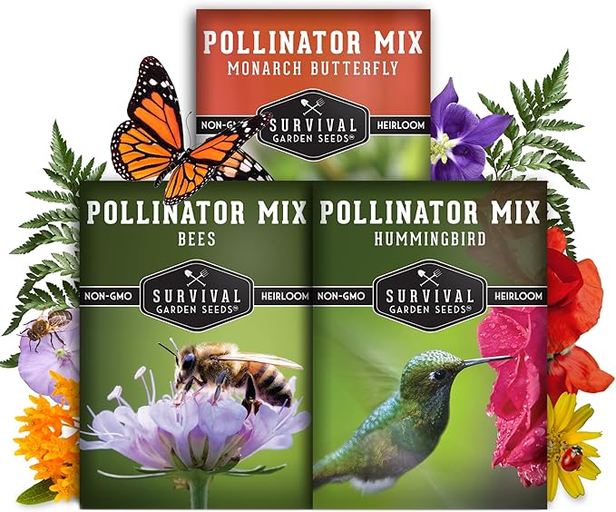Survival Garden Seeds Pollinator Flower Collection - 3 Seed Packs for Planting & Attracting Butterflies, Bees, Hummingbirds - Nectar & Pollen Rich Perennial & Annual Wildflowers - Non-GMO Heirloom