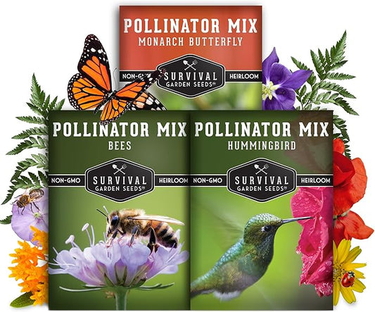 Survival Garden Seeds Pollinator Flower Collection - 3 Seed Packs for Planting & Attracting Butterflies, Bees, Hummingbirds - Nectar & Pollen Rich Perennial & Annual Wildflowers - Non-GMO Heirloom
