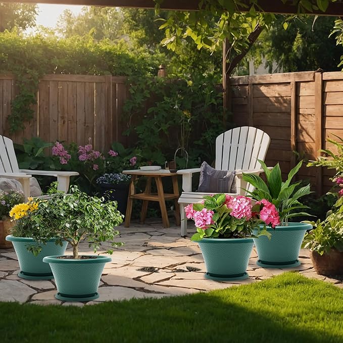 Quarut 12 Inch Plant Pot,4 Pack Large pots for Plants,Flower Pots with Drainage Hole & Saucer,Modern Planters for Indoor Outdoor Plants,Decorative Resin Garden Pots,Green