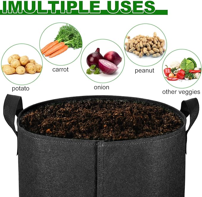 6-Pack 10 Gallon Potato Grow Bags with Flap Window, Heavy Duty Aeration Fabric Pots with Handles for Garden and Planting(Black)
