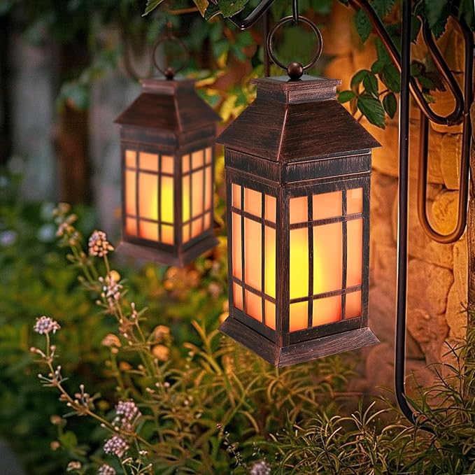 18" Glass Solar Lanterns Outdoor Waterproof, Large Solar Flickering Flame Lantern, Outdoor Lantern Decorative Metal Solar Garden Light for Patio Garden Backyard Outside Tabletop Decor(Vintage Copper)