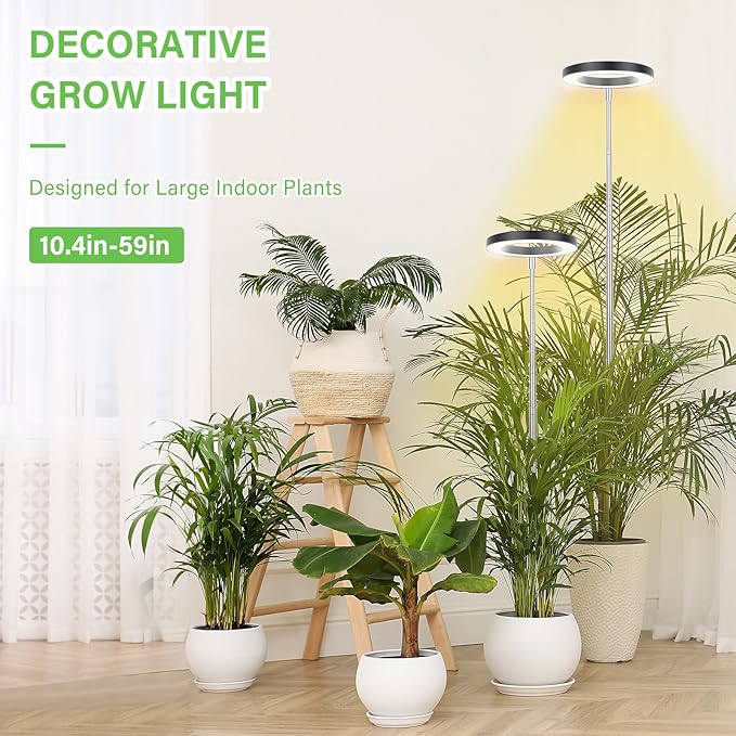 LBW Grow Lights for Large Indoor Plants, 144 LEDs Full Spectrum Plant Light, Growing Lamp with 4 Dimmable Levels, 4/8/12H Timer, 59in Height Adjustable, Halo Plant Lamp for Tall Plants, Black, 2 Pack