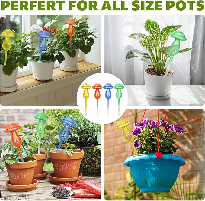 HYH Plant Watering Globes 4 Pack Colorful Mushroom Plant Watering Devices for Indoor & Outdoor Plants Self Watering Planter Spikes Insert Made from Hand-Blown Glass Gradient Rainbow Watering Globes