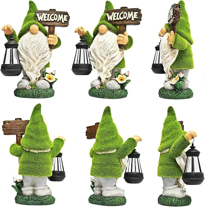 ASAWASA Gnomes Decorations for Yard with Solar LED Light, 10.8" Large Outdoor Funny Garden Lawn Gnome Decor with Welcome Sign