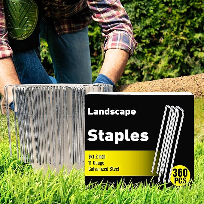 HongWay 360 Pack 6 Inch Landscape Staples, Galvanized Garden Staples 11 Gauge Ground Stakes Landscaping Fabric Pins Plant Cover Stakes Yard Staples for Lawn Fence Tent Hose Drip Irrigation Tube