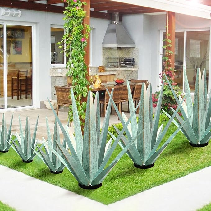 Large Tequila Rustic Sculpture, Rustic Metal Agave Plants for Outdoor Patio Yard, Home Decor Hand Painted Metal Agave Garden Yard Statue, Outdoor Lawn Ornaments (Mint Green - M)