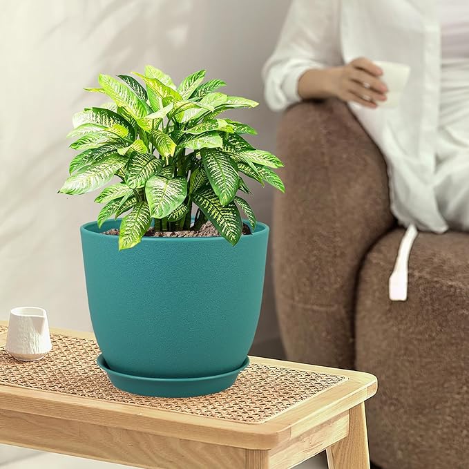 Flower Pots 9/8/7.5 inch, Set of 3 Modern Decorative Plastic Planters with Drainage Holes and Tray for House Plants Indoor Plants, Plant Pots for Indoor Outdoor Plants, Blue Green