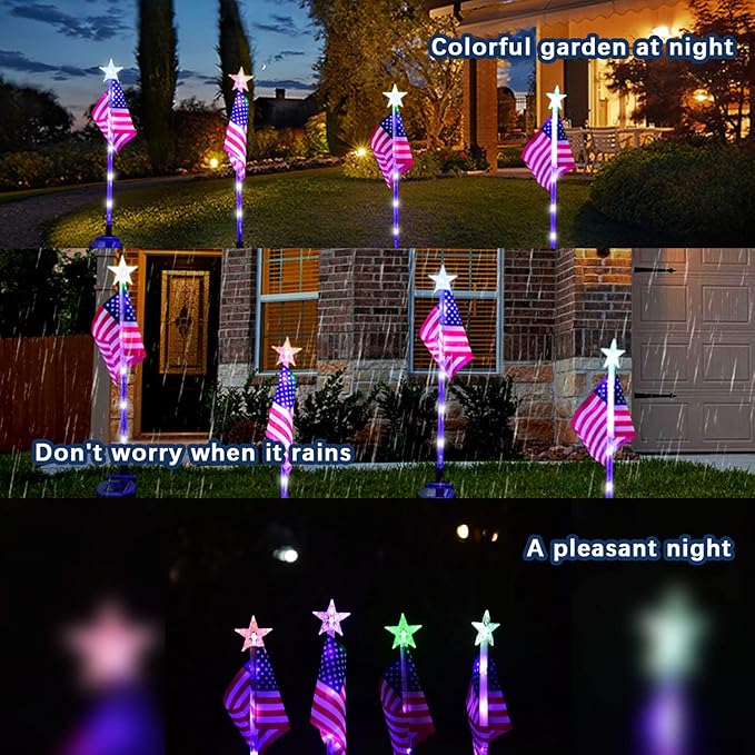 July 4th Decorative Solar American Flag Lights July 4th Solar Patriotic Flag Lights, 2 Modes Garden Pile Lights LED Landscape Lights Street Lights (Color Change), XY-T001