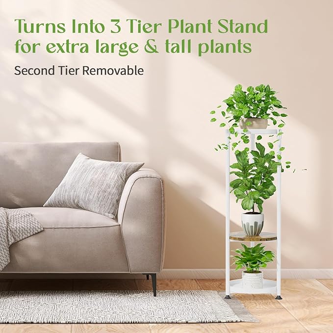 iDavosic.ly 4 Tier Corner Plant Stand Indoor, 45 Inch Tall Vertical Metal Flower Heavy Duty Pot Holder Shelf Outdoor for Patio Porch Living Room, White & Rustic Brown - Round