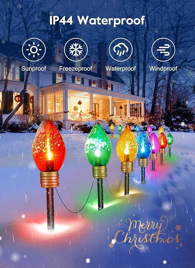 Jumbo C9 Christmas Lights Outdoor Decorations Lawn with Pathway Marker Stakes, 8.5 Feet String Lights Covered Jumbo Multicolored Light Bulb for Holiday Time Outside Yard Garden Decor, 5 Lights