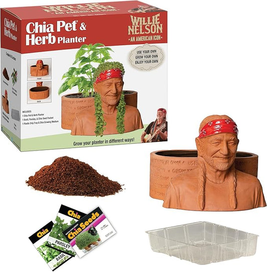 Chia Pet Herb Garden - Willie Nelson with Seed Pack, Decorative Pottery Planter, Easy to Do and Fun to Grow, Novelty Gift, Perfect For Any Occasion