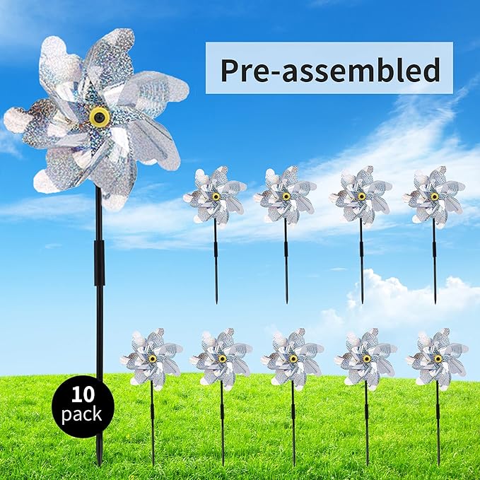 BATTIFE 10 Pack Reflective Pinwheels for Yard and Garden, Pre-Installed Sparkly Silver Blind Birds Pin Wheel, Scare Birds & Animal Away Wind Spinner