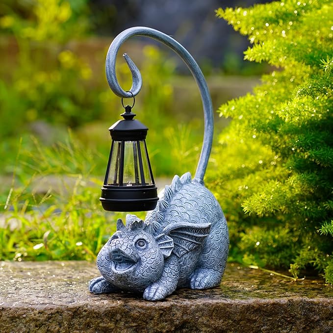 Baby Dragon Statue with Solar Lantern - Dragon Garden Decor and Housewarming Gifts for Mom, Women - Outdoor Dragon Gifts for Yard