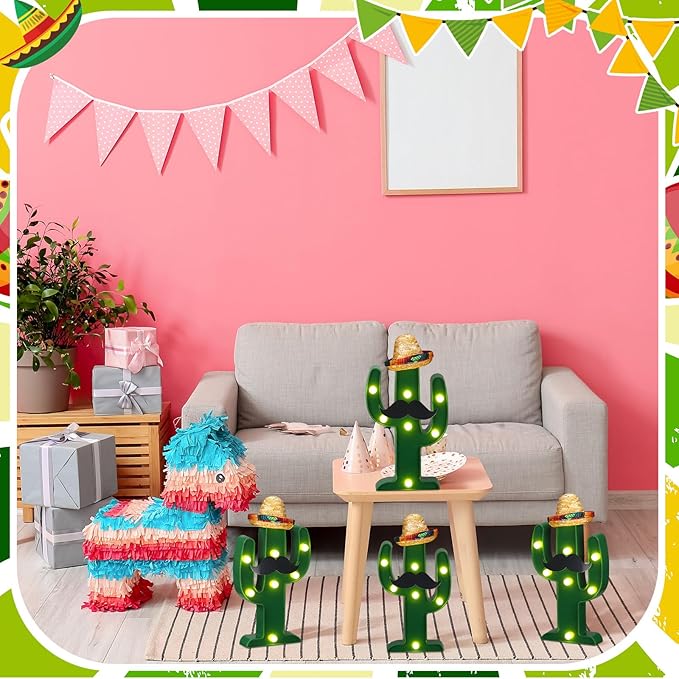 12 Pcs Cinco de Mayo LED Cactus Light with Mini Sombrero Straw Hats and Fake Beard Cinco De Mayo Table Decor Mexican Party Supplies for Table Room Bedroom Party Decoration (4.72 x 2.76 Inch)