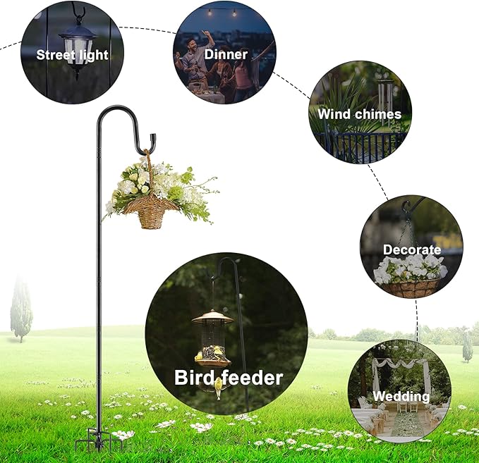 Bird Feeder Pole, 94 Inch & 5/8 Inch Diameter Stainless Steel Heavy Duty Shepherds Hooks for Outdoor to Hang Outdoor Lights with 5 Prongs Base, Rustproof for Garden Decor or Wedding Decors(Black)