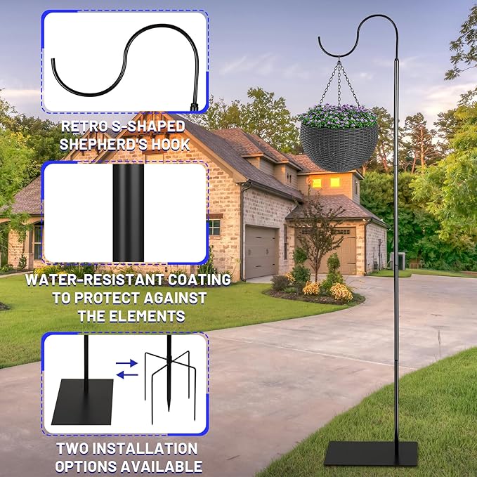 Liitrton 62.6 Inch Shepherds Hooks for Outdoor, Adjustbale Hummingbird Feeder Stand Bird Feeder Pole Wind Chime Stand with Flat Base, 4 Prongs Base and Water Weight Bag