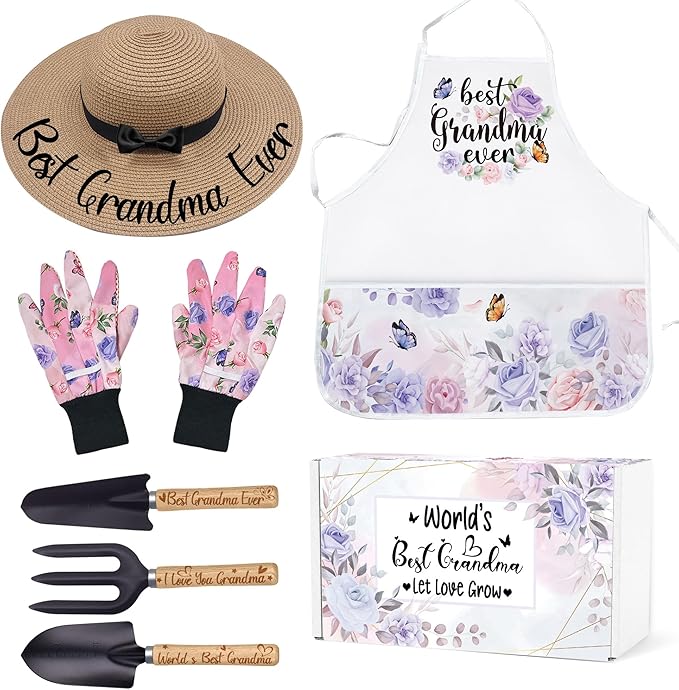 Grandma Gifts for Mothers Day, Gardening Tools Kit with Gloves Apron and Hat, Best Grandma Ever Gifts for Plant Lover, Gardening Gifts Set for Christmas, Grandma Gifts from Grandkids Grandchildren