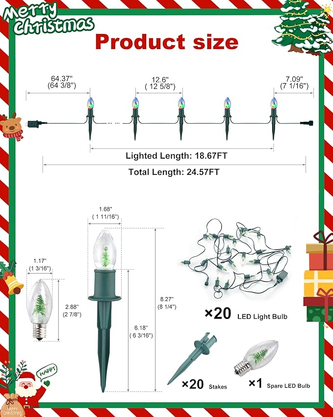 VCOKEN Christmas Pathway Lights Outdoor, 24.5FT Connectable C9 Christmas Walkway Lights with 20 LED and Stakes, Multicolored Waterproof C9 Christmas Lights Outdoor Decorations for Lawn Yard Sidewalk