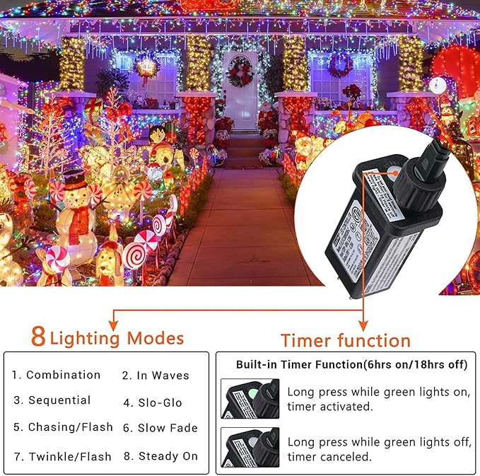 175Ft Christmas Lights Outdoor, 500 LED Christmas String Lights with 8 Modes, Timer, Waterproof Fairy Twinkle Lights for Christmas Party, Garden, Wedding, Holiday, Xmas Tree Decorations (Multicolor)