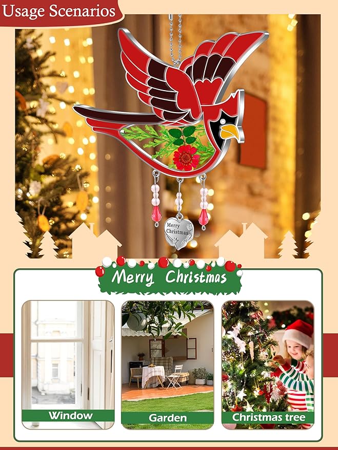 KY&BOSAM Cardinal Suncatcher Merry Christmas Hanging Ornament for Windows Sun Catchers with Pressed Real Flower in Glass and Heart Charm Birthday Gifts for Women Mom Grandma Nana Christmas Day Gifts