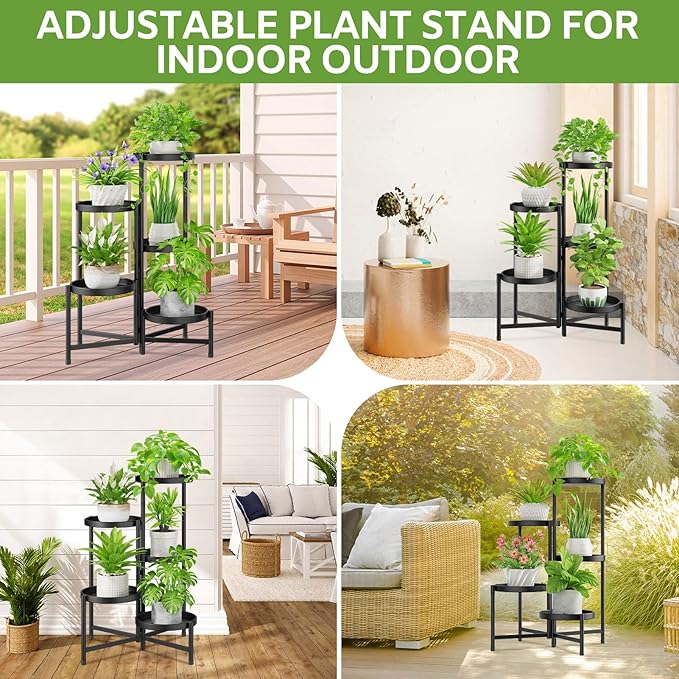 iDavosic.ly 5 Tier Large Plant Stand Indoor with 10 Inch Wide Tray, Tiered Corner Metal Outdoor Flower Display Holder Shelf, Folding Tall Rack for Patio Porch Living Room, Modern Black