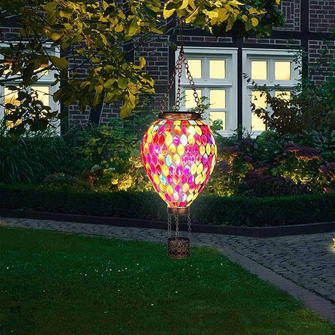 VOREEN Hot Air Balloon Solar Lantern, Mosaic Solar Outdoor Hanging Wind Light, Waterproof, Patio Festive Decor, Easter Gifts for Mom Father Grandma, Red