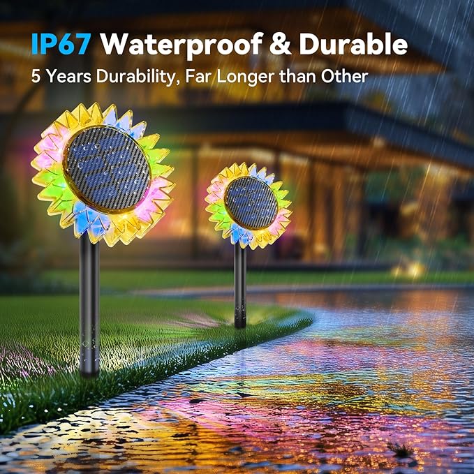 Solar Garden Lights - Upgraded Solar Sunflower Light, Ground/Wall 2 In 1, Solar Outdoor Lights Waterproof IP67,Garden Yard Patio Backyard Pathway Landscape Fence Wall Decoration, Multicolor(6 Pack)