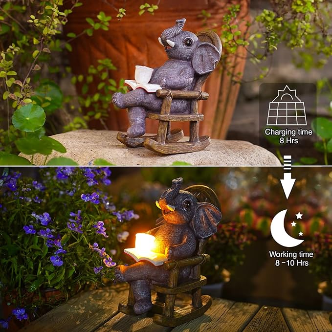 Goodeco Solar Elephant Statue for Garden - Perfect Relaxing Outdoor & Fairy Garden Decor, Great as Birthday or Mom Gifts- 6.3 x 7.8in