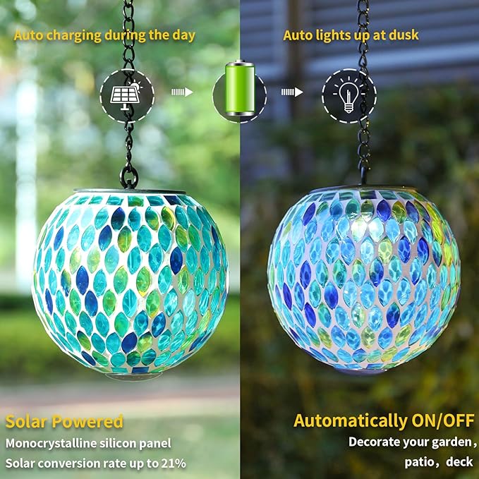 VCUTEKA Hanging Solar Lanterns Mosaic Solar Lights with Hook Up, Outdoor Garden Lights Decor for Yard Tree Fence Patio, Blue