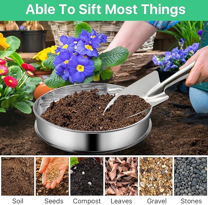 2 Pcs Soil Sifter and Shovel, Stainless Steel Sand Sifter for Gardening, Dirt Sifter Strainer for Sand Rocks Dirt Seed Compost, 11.8 inch