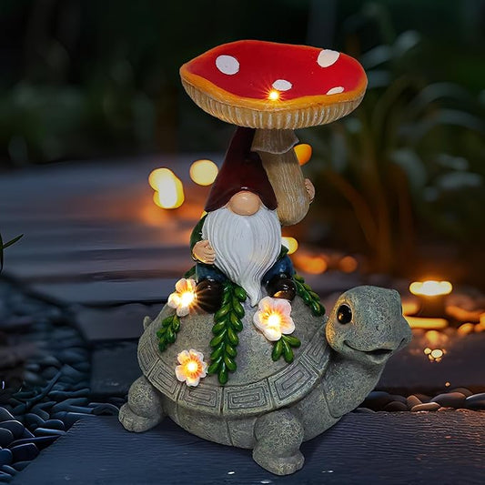 Turtle Garden Statue with Mushroom Bird Bath Outdoor Decor, Gnome Bird Feeder with Solar LED Light Waterproof for Yard Lawn Outdoor Decorations, Easter Gifts to Women Birthday Mother's Day