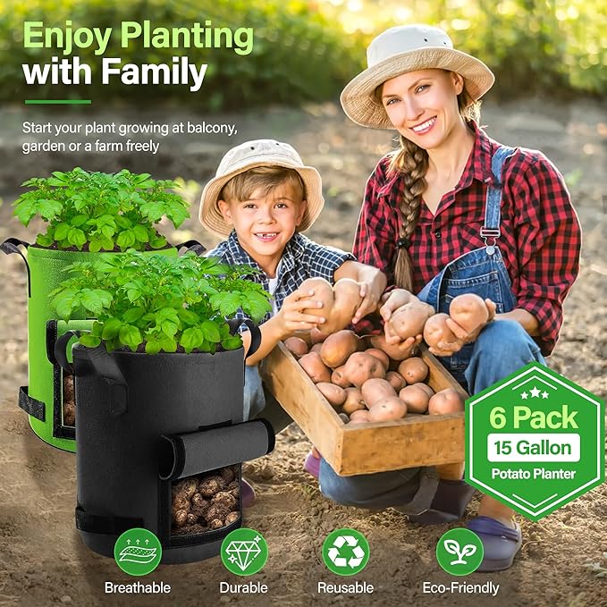 6 Pack Potato Grow Bags 15 Gallon with Flap, Grow Bags for Growing Potatoes, Duarable Fabric Garden Planter Pots with Harvest Window for Vegetable and Fruits, Black & Green